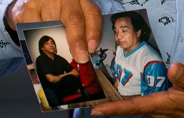 Alfrieda Peters holds two pictures of her brother, Anthony Peters, Thursday, July 18, 2019, in Yakima, Wash. Anthony, also known as Tony, has been missing since October 2014 at Legends Casino in Toppenish.