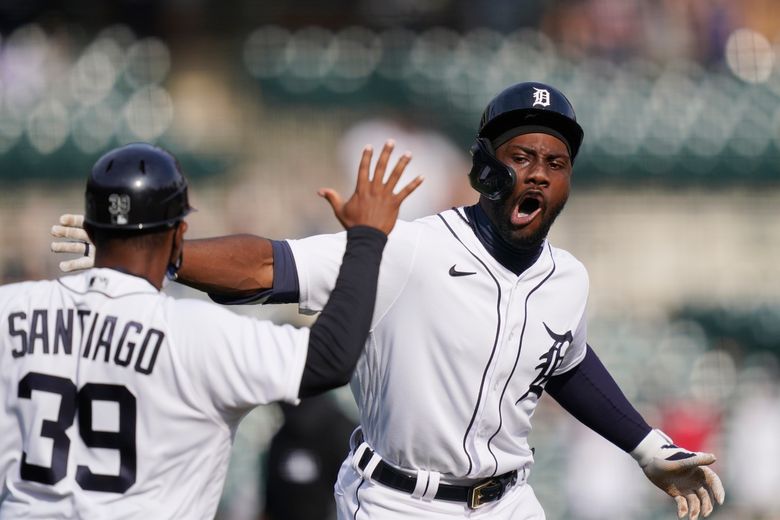 Akil Baddoo of the Detroit Tigers celebrates after hitting a home