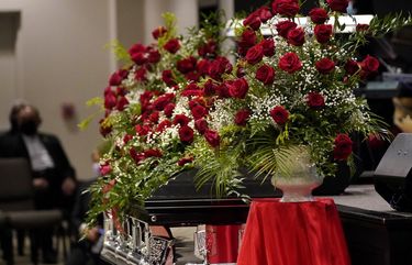 The casket of Andrew Brown Jr., stands in the church ahead of his funeral, Monday, May 3, 2021 at Fountain of Life Church in Elizabeth City, N.C. Brown was fatally shot by Pasquotank County Sheriff deputies trying to serve a search warrant. (AP Photo/Gerry Broome) NCMS120 NCMS120