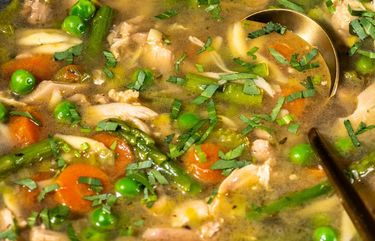 Chicken Soup with Orzo and Spring Vegetables. MUST CREDIT: Photo by Laura Chase de Formigny for The Washington Post.