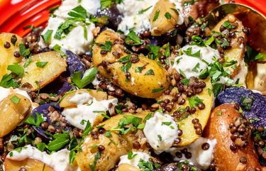 Fingerling Potato Salad With Black Lentils and Labneh. MUST CREDIT: Photo by Laura Chase de Formigny for The Washington Post.
