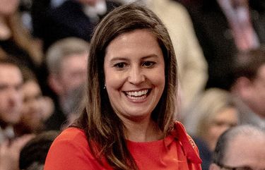 FILE — Rep. Elise Stefanik (R-N.Y.) stands as then President Donald Trump recognizes her for her work during the impeachment hearings at the White House in Washington, Feb. 6, 2020. House Minority Leader Kevin McCarthy (R-Calif.) on Sunday, May 9, 2021, officially endorsed Stefanik in her bid to oust the No. 3 House Republican, Rep. Liz Cheney (R-Wyo.). (Anna Moneymaker/The New York Times) XNYT113 XNYT113