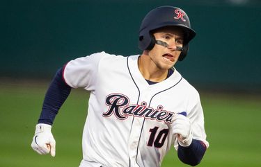 Jarred Kelenic rounds second heading home after homering in the 5th.  The Tacoma Rainiers opened their 2021 season against El Paso at Cheney  Stadium in Tacoma WA Thursday, May 6.BBA 217061