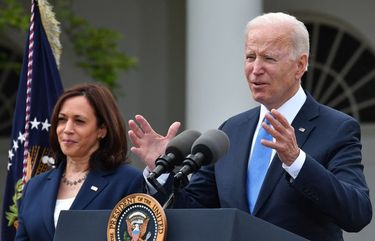 U.S. Vice President Kamala Harris looks on as U.S. President Joe Biden delivers remarks on COVID-19 response and the vaccination program, from the Rose Garden of the White House, Washington, D.C., on Thursday, May 13, 2021. (Nicholas Kamm/AFP/Getty Images/TNS) 16304968W 16304968W