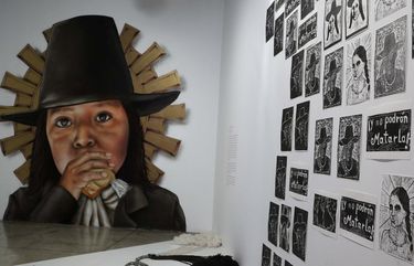 Images of Tupac Amaru and wife Micaela Bastidas are displayed at the Place of Memory, Tolerance and Social Inclusion museum in Lima, Peru, Saturday, May 16, 2021. Tupac Amaru was a muleteer and trader who claimed descent from Inca royals, led an Andean revolt against Spanish colonial rule and was executed on May 18, 1781. (AP Photo/Martin Mejia) LIM101 LIM101