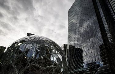 The spheres and Day 1 building at Amazon’s downtown Seattle campus on Wednesday, Feb. 26, 2020.