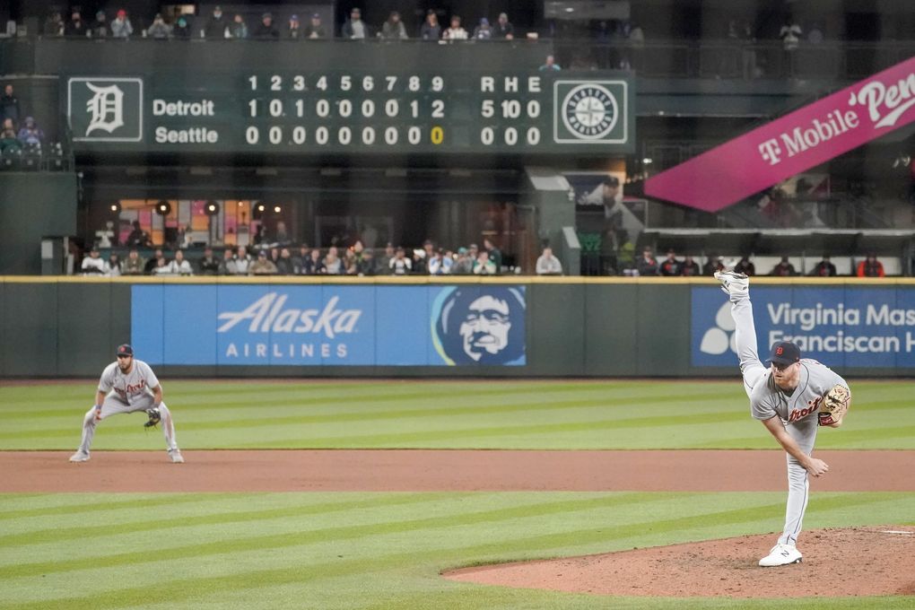Detroit Tigers starting pitcher Spencer Turnbull throws during the ninth inning of his no-hitter against the Seattle Mariners, May 18, 2021, in Seattle. (Ted S. Warren / AP)