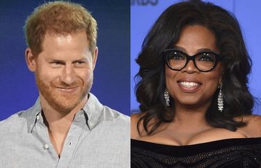 Prince Harry, Duke of Sussex speaks at “Vax Live: The Concert to Reunite the World” in Inglewood, Calif. on May 2, 2021, left, and Oprah Winfrey appears at the 75th annual Golden Globe Awards in Beverly Hills, Calif. on Jan. 7, 2018. Winfrey and Prince Harry’s series “The Me You Can’t See” will debut on May 21 on Apple TV+ plus. (AP Photo) NYET475 NYET475