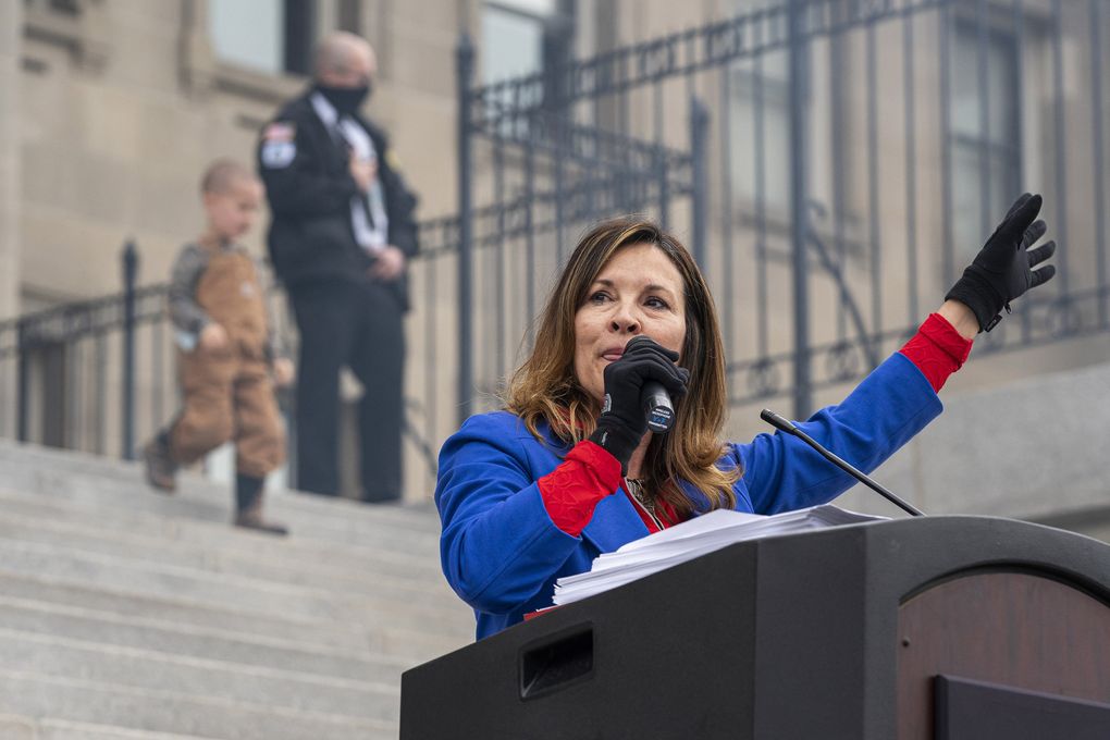 Idaho Lieutenant Governor Janice McGeachin, shown March 6, 2021, at a mask burning event at the Idaho Statehouse in Boise, Idaho, is running for governor in the 2022 election. (Nathan Howard / TNS)