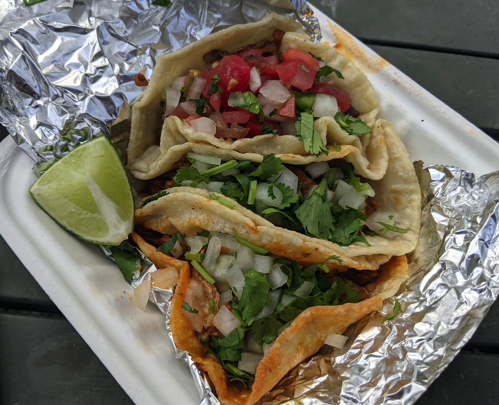 Street tacos at Taqueria Chapalita in Mosier come topped with pico and plenty of cilantro. (Jackie Varriano / The Seattle Times)