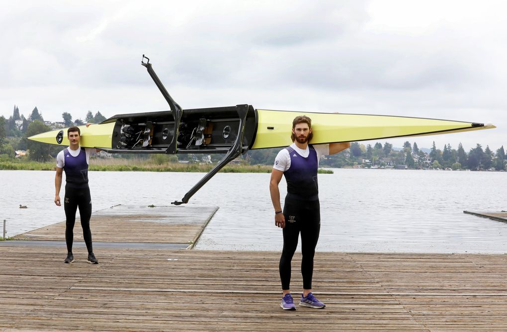 University of Washington men’s rowers Sam Halbert, left, and Austin Regier, Thursday, May 20, 2021 in Seattle. The two are in the midst of training for the IRA National Championship Regatta. (Ken Lambert / The Seattle Times)