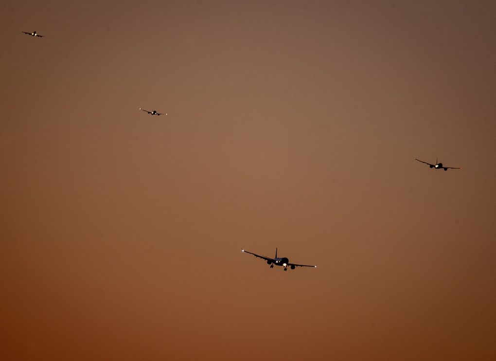 The first aircraft approach the international airport in Frankfurt, Germany, after the country’s landing ban ended May 24. (Michael Probst / The Associated Press)