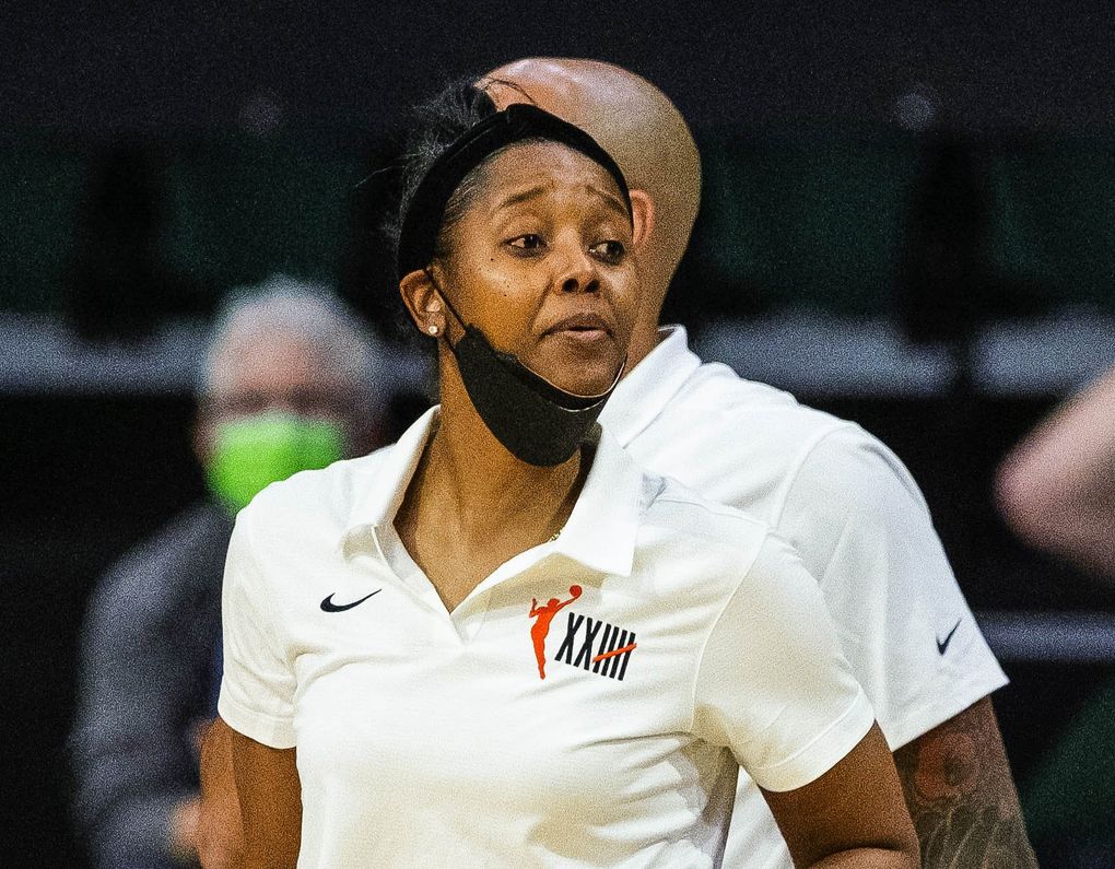 Noelle Quinn, shown here filling in for coach Dan Hughes against Connecticut Tuesday, May 25, 2021, was named head coach of the Storm following Hughes’ retirement announcement Sunday, May 30, 2021. (Dean Rutz / The Seattle Times)