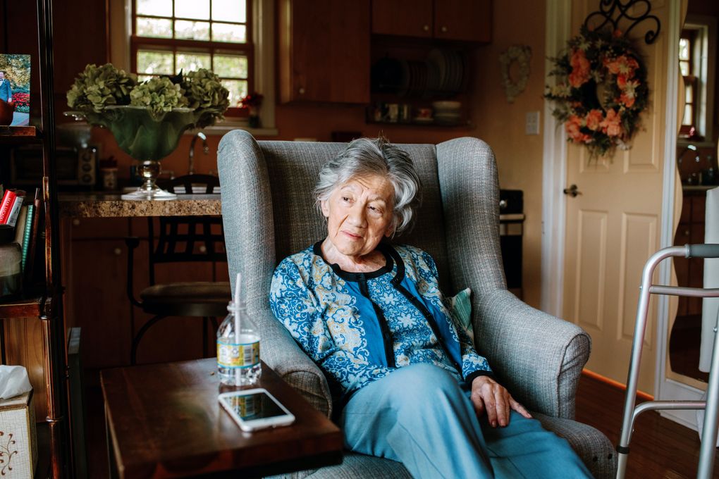 Diane Nixon, 86, in her efficiency apartment in her daughter Heidi Dolan’s house in Oakmont, Pa., in April. Even with vaccines, many older people and their relatives are weighing how to manage at-home care for those who can no longer live independently. (Kristian Thacker / The New York Times)