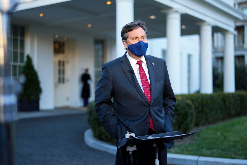 Ron Klain, President Joe Biden’s chief of staff, is interviewed outside the White House on Jan. 26, 2021. Klain has been a constant in the president’s meetings with his coronavirus team. (Doug Mills / The New York Times)