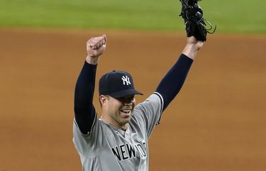 New York Yankees starting pitcher Corey Kluber celebrates after the final out of his no-hitter against the Texas Rangers in a baseball game in Arlington, Texas, Wednesday, May 19, 2021. The Yankees won 2-0. (AP Photo/Tony Gutierrez) OTKTG206 OTKTG206