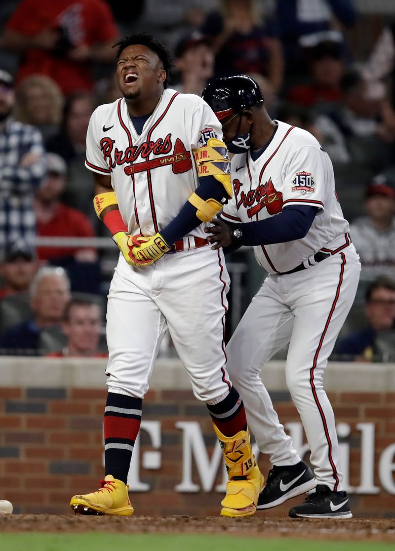 Braves' Acuña hit by pitch from Phils' Coonrod, leaves game | The Seattle  Times