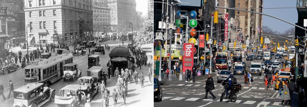 This combination of photos shows a general view of Times Square near 42nd Street in New York in the 1920s, left, and a general view of Times Square in New York on March 10, 2021. As hopes rise that the pandemic is ebbing in the United States and Europe, visions of a second “Roaring Twenties” to match last century’s post-pandemic decade have proliferated.. (AP Photo, File)