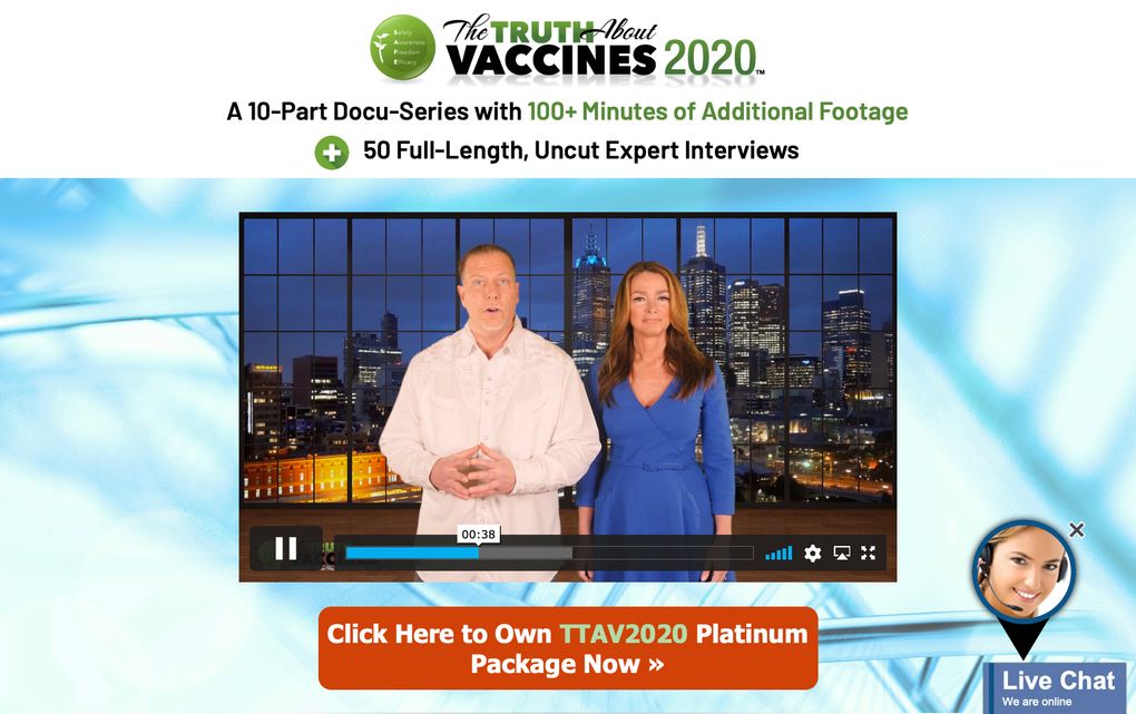 This Wednesday, May 12, 2021 image shows a website featuring Ty and Charleen Bollinger advertising their video series, “The Truth About Vaccines 2020.” The Bollingers are part of an ecosystem of for-profit companies, nonprofit groups, YouTube channels and other social media accounts that stoke fear and distrust of COVID-19 vaccines, resorting to what medical experts say is often misleading and false information. (AP Photo)