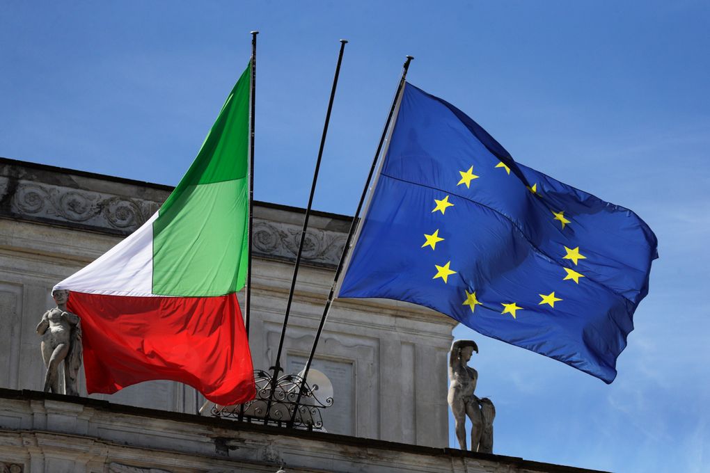 The Italian and the EU flags are displayed outside Villa Pamphili as Italian Premier Mario Draghi and EU Commission President Ursula von Der Leyen arrive on the occasion of the Global Health Summit in Rome, Friday, May 21, 2021. (AP Photo/Gregorio Borgia)