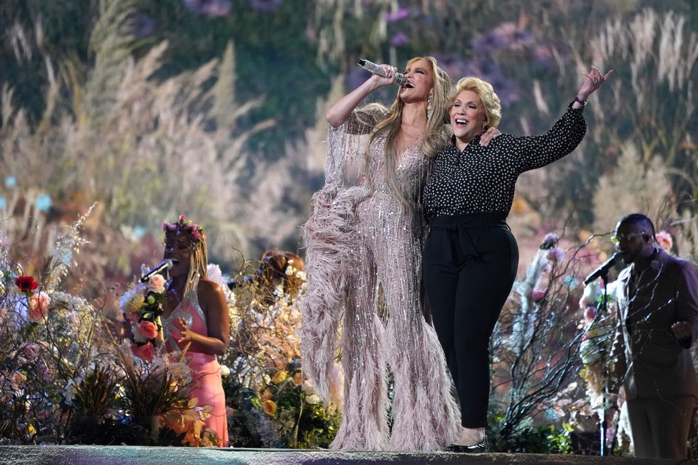 Jennifer Lopez performs with her mother, Guadalupe Rodríguez, at “Vax Live: The Concert to Reunite the World” on Sunday, May 2, 2021, at SoFi Stadium in Inglewood, Calif. (Photo by Jordan Strauss/Invision/AP)