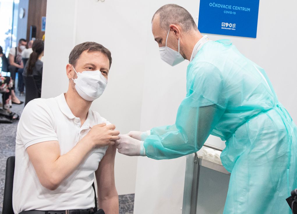 Slovakia’s Prime Minister Eduard Heger receives his first AstraZeneca COVID-19 vaccination at the National Soccer Stadium in Bratislava, Slovakia, Saturday, May 1, 2021. The AstraZeneca coronavirus vaccine should remain part of Slovakia’s vaccination program the country’s Health Minister said on Wednesday, May 12. Slovakia on Tuesday halted use of the two-shot AstraZeneca vaccine after Slovakia’s State Institute for Drug Control concluded last week that the death of a 47-year-old woman who received the AstraZeneca was “likely” linked to the vaccine. (Jakub Kotian/TASR via AP)