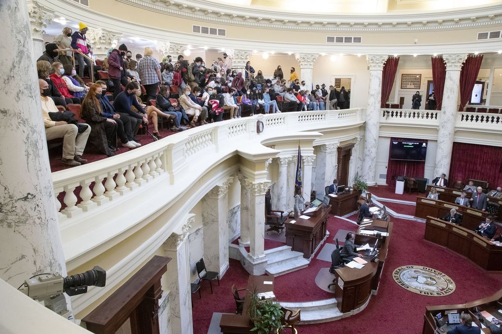 Idaho students fill the gallery as H377 is debated and passed by the Idaho Senate at the Statehouse in Boise on April 26, 2021. Legislators passed a law aimed at preventing schools and universities from “indoctrinating” students through teaching critical race theory, which examines the ways in which race and racism influence American politics, culture and the law. (Darin Oswald / Idaho Statesman via The Associated Press)