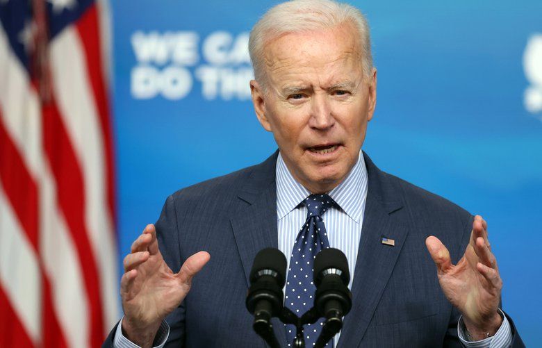 President Joe Biden speaks about the coronavirus response and vaccination program, in the South Court Auditorium of the Eisenhower Executive Office Building on the White House grounds in Wednesday, June 2, 2021. President Biden on Wednesday laid out an aggressive campaign to meet his goal of having 70 percent of U.S. adults at least partially vaccinated against the coronavirus by July 4, with a string of new initiatives including an offer of free child care for parents and caregivers while they get their shots and a national canvassing effort resembling a get-out-the-vote drive. (Oliver Contreras/The New York Times) XNYT80 XNYT80