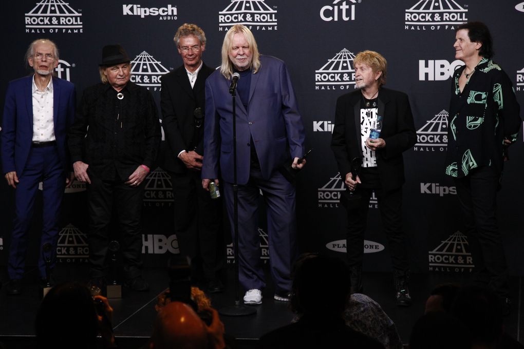 Members of the band Yes at the 2017 Rock & Roll Hall of Fame induction ceremony. The band was inducted into the hall on April 7, 2017. Drummer Alan White is second from left. (Andy Kropa / Invision / The Associated Press)