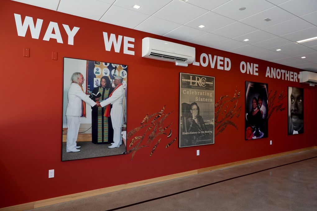 Storme Webber’s installation “In This Way We Loved One Another” is seen at the Cathy Hillenbrand Community Room of the Station House building in Seattle. (Erika Schultz / The Seattle Times)