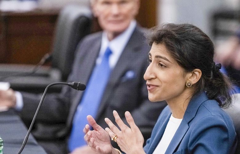 Lina Khan, nominee for Commissioner of the Federal Trade Commission (FTC), speaks during a Senate Committee on Commerce, Science, and Transportation confirmation hearing, Wednesday, April 21, 2021 on Capitol Hill in Washington. (Graeme Jennings/Pool via AP) WX470