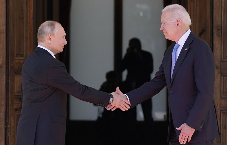 President Joe Biden and Russian President Vladimir Putin, arrive to meet at the ‘Villa la Grange’, Wednesday, June 16, 2021, in Geneva, Switzerland. (AP Photo/Patrick Semansky) CHPS501 CHPS501