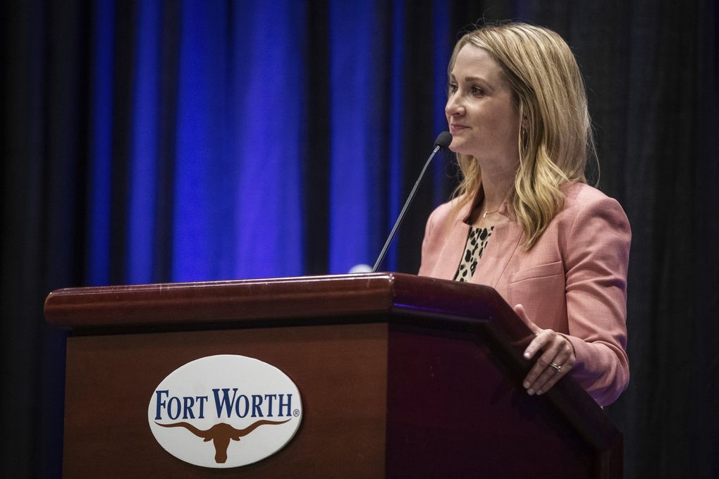 Mattie Parker gives her first speech as mayor on June 15, 2021, at the Fort Worth Convention Center in Fort Worth, Texas. The city government has nonpartisan elections, which allowed her to run as a centrist option without an “R” next to her name. The country’s 11 largest cities are all helmed by Democrats. (Yffy Yossifor / Star-Telegram via The Associated Press)