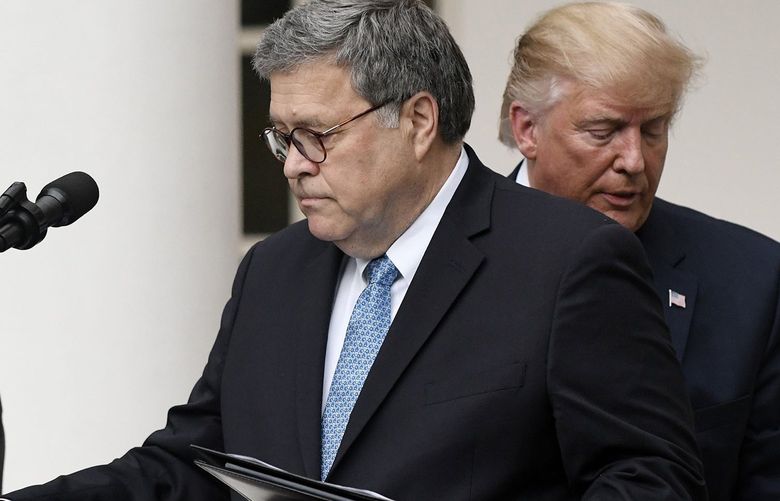 President Donald Trump and U.S. Attorney General William Barr look on during a news conference about U.S. citizenship status for the upcoming 2020 census in the Rose Garden at the White House on Thursday, July 11, 2019, in Washington, D.C. (Olivier Douliery/Abaca Press/TNS) 20212587W 20212587W