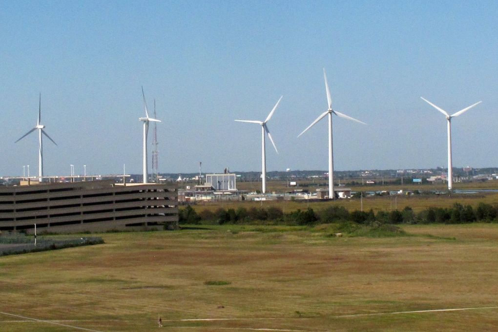 Wind turbines at the Atlantic County Utilities Authority plant in Atlantic City, N.J., are shown on Oct. 1, 2020. (Wayne Parry / The Associated Press)