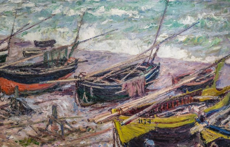 “Fishing Boats at Etretat,” an 1885 painting by Claude Monet, inspired the exhibition “Monet at Etretat.”