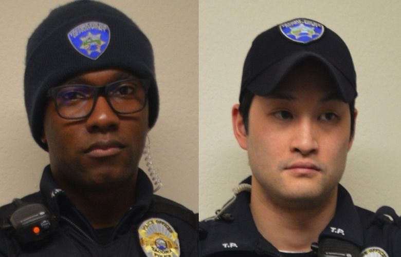 From left, Tacoma police officers Christopher Burbank, Matthew Collins, Masyih Ford, and Timothyt Rankine, were suspended while under investigation for their roles in the death of Manuel Ellis.