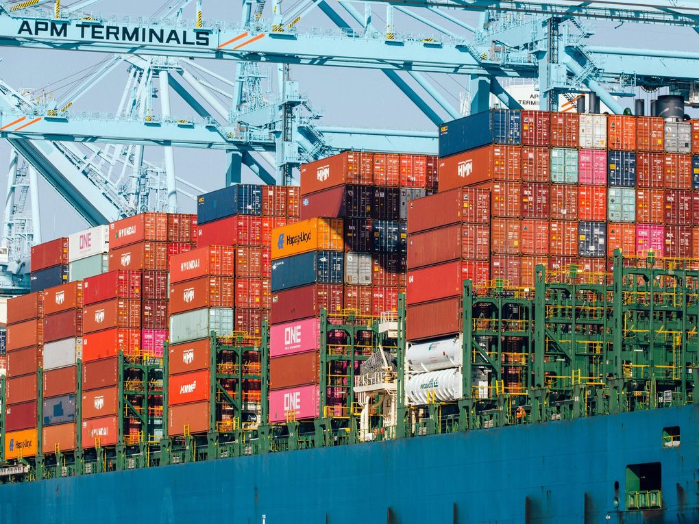 Shipping containers aboard a cargo ship at the Port of Los Angeles on Feb. 24, 2021. Shipping companies have played a crucial role in Just in Time manufacturing by effectively shrinking the expanse of oceans. (Coley Brown / The New York Times)
