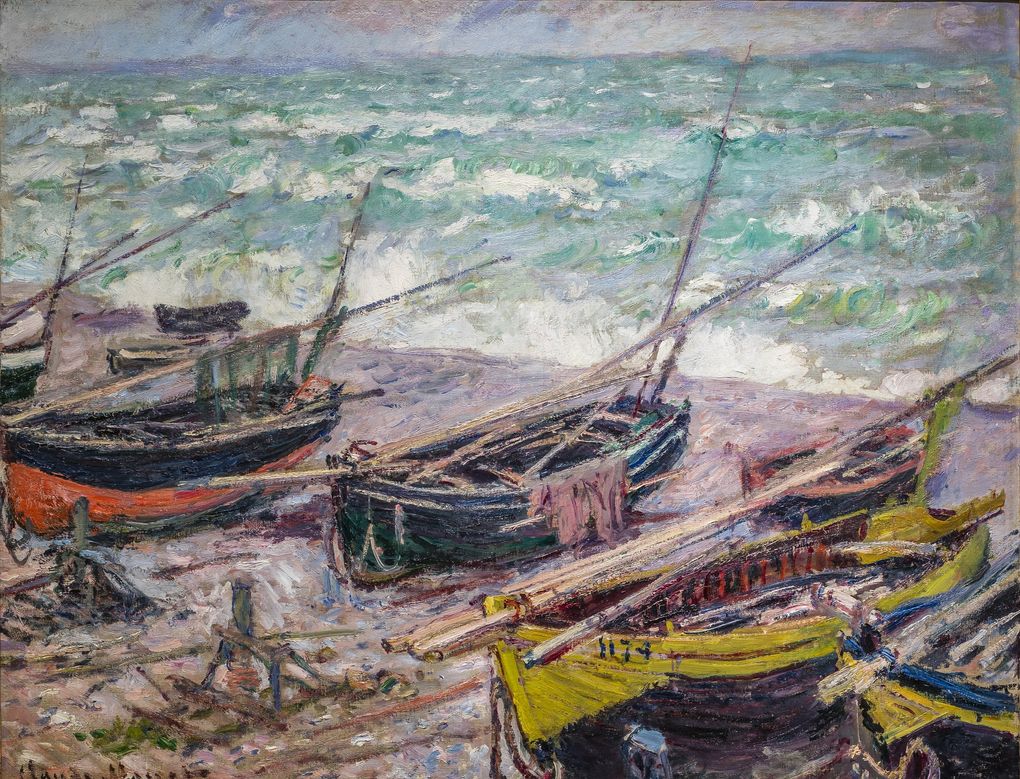 “Fishing Boats at Étretat,” an 1885 painting by Claude Monet, inspired the exhibition “Monet at Étretat.” (Nathaniel Willson / Seattle Art Museum)