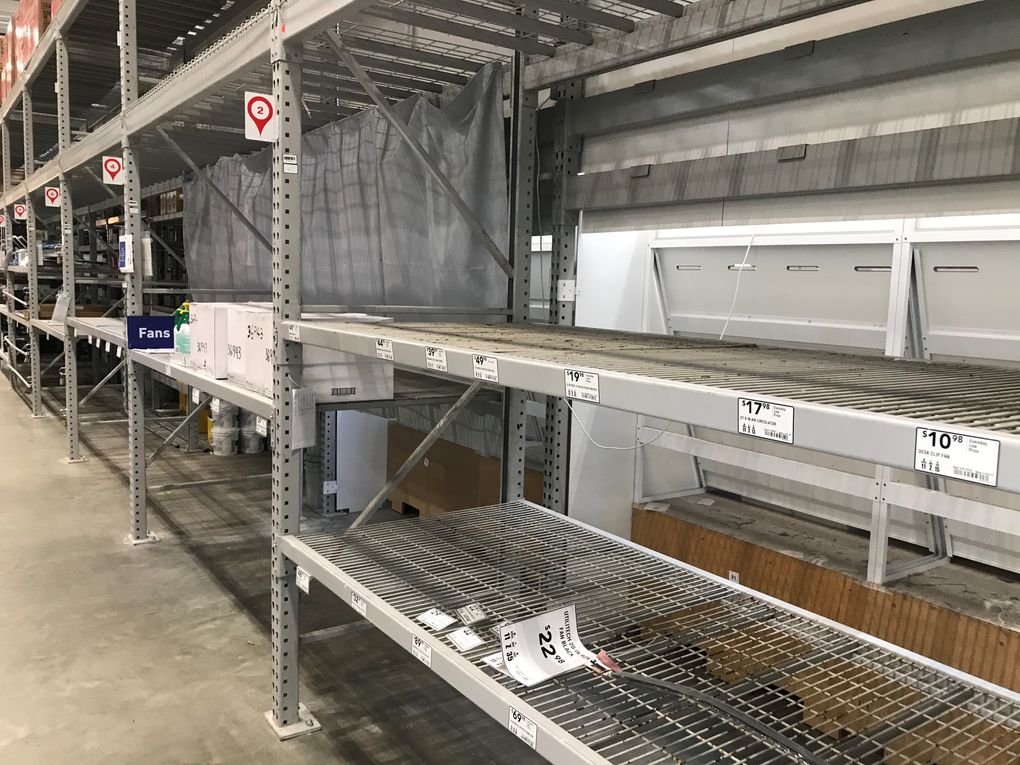 Empty shelves at Lowe’s in Tukwila on Saturday afternoon. (Daniel Beekman / The Seattle Times)