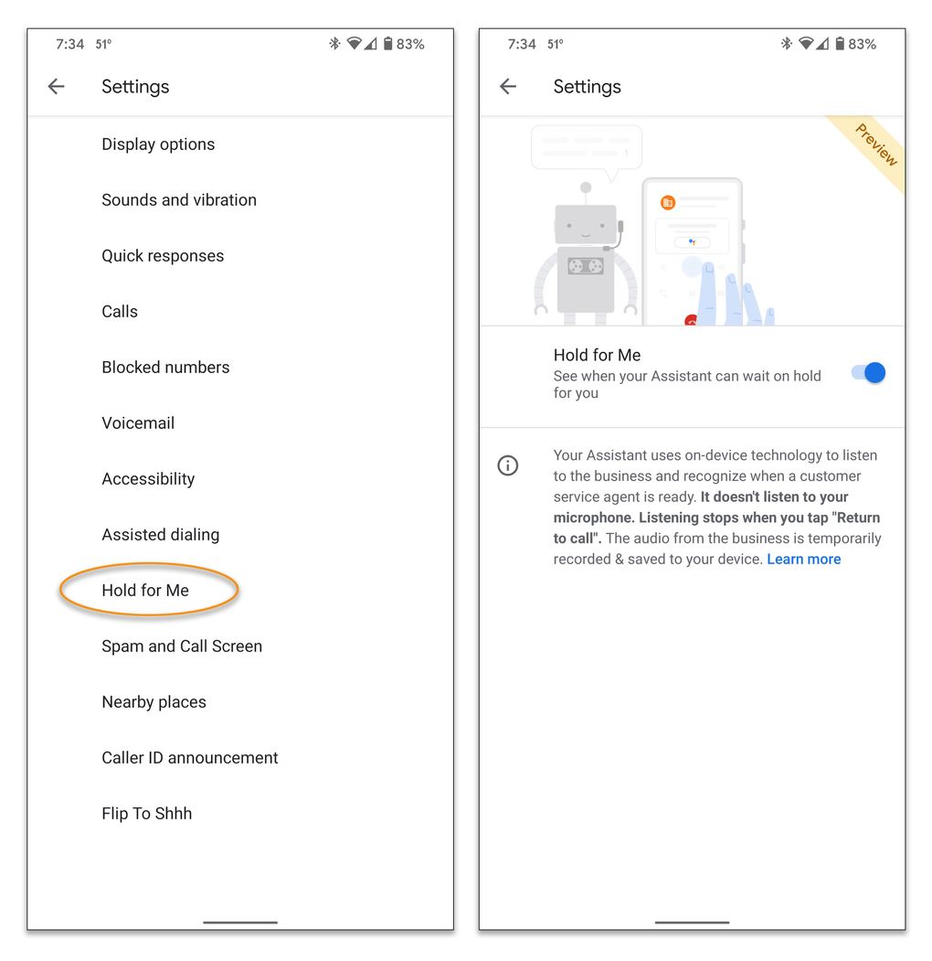 The Google Assistant can wait on hold for you if you turn on the Hold for Me feature in the Phone app’s settings. (Google)