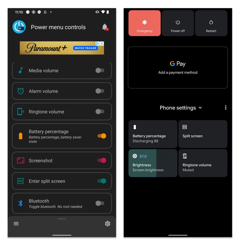 If you don’t have any smart home devices to add to the Android 11 Power Menu, third-party apps like Power Menu Controls let you add system functions to the menu. (Google / Power Menu Controls)