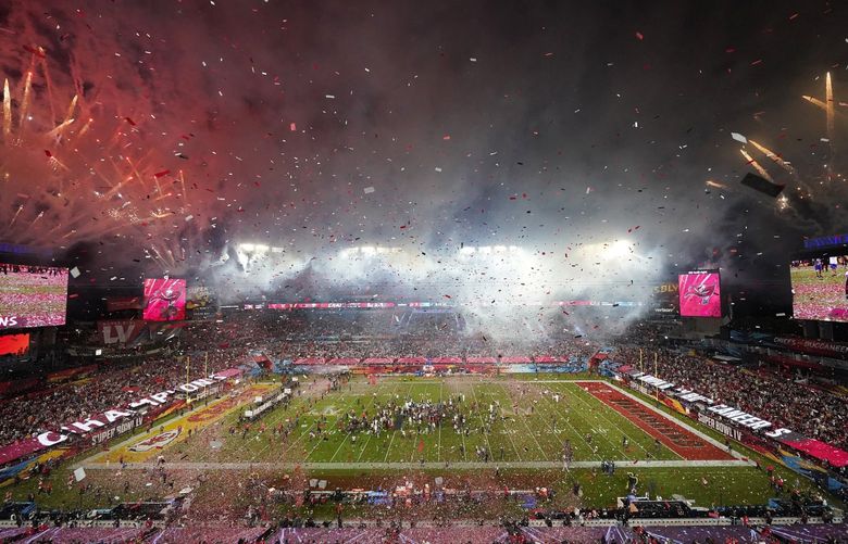 Fireworks explode after the Tampa Bay Buccaneers defeated the Kansas City Chiefs in the NFL Super Bowl 55 football game Sunday, Feb. 7, 2021, in Tampa, Fla. The Buccaneers defeated the Chiefs 31-9 to win the Super Bowl. (AP Photo/David J. Phillip)
