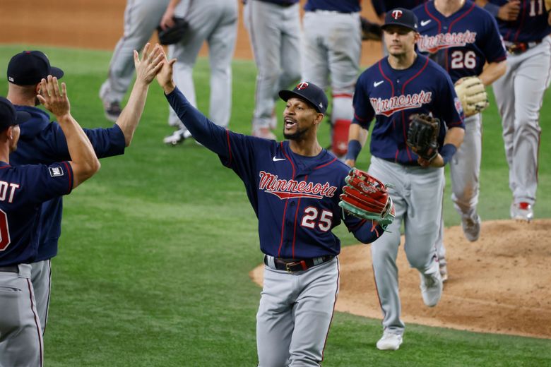 American League's Byron Buxton, of the Minnesota Twins, celebrates