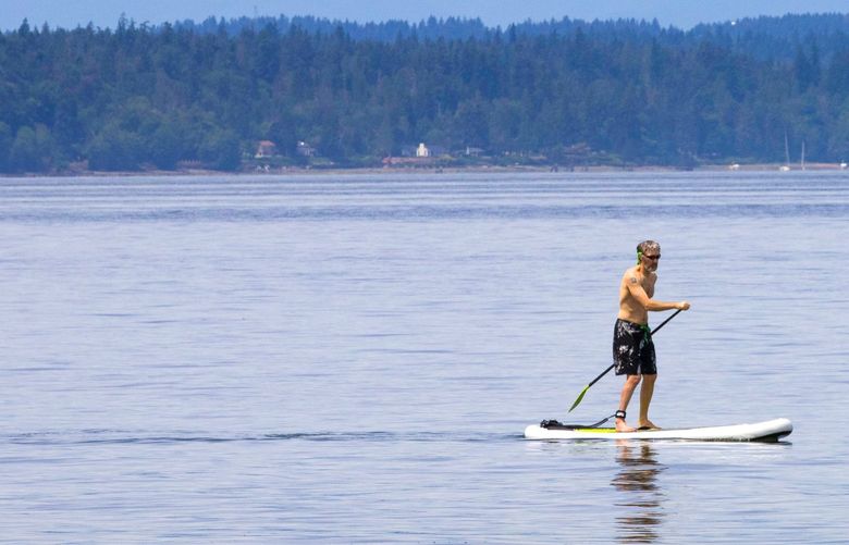 A stand-up paddle boarder cruises past Alki Beach in Seattle June 19, 2020. 214303