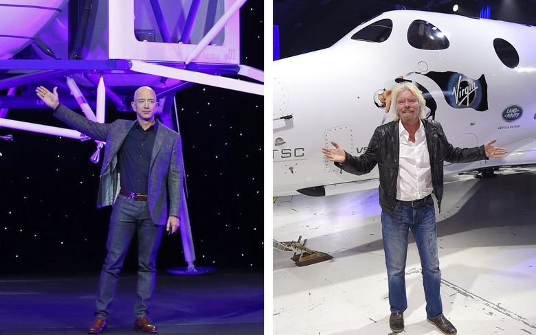 Insurance brokers say neither Virgin Galactic nor Richard Branson appears to have bought liability coverage should he be hurt, or worse. The same goes for Jeff Bezos and Blue Origin. However, some insurers are interested in developing policies for space tourism. (Patrick Semansky, Mark J. Terril / The Associated Press, file images)