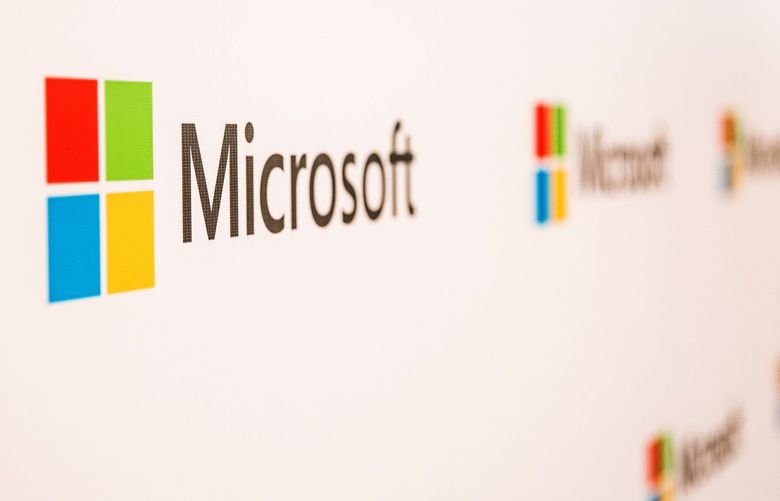 The Microsoft logo displayed at the company’s Office and Experience Center in Hong Kong in 2016. 608302331