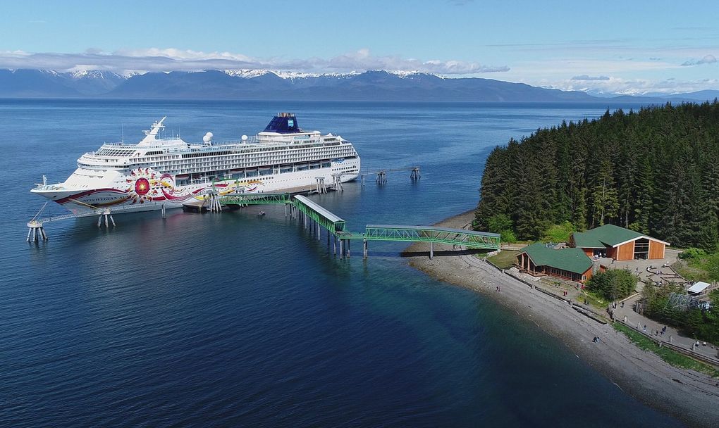 A Norwegian Cruise Lines ship pulls up to Icy Strait Point, owned by the Huna Totem Corporation (a Native-owned corporation) near Glacier Bay, Alaska. (Courtesy of Icy Strait Point)