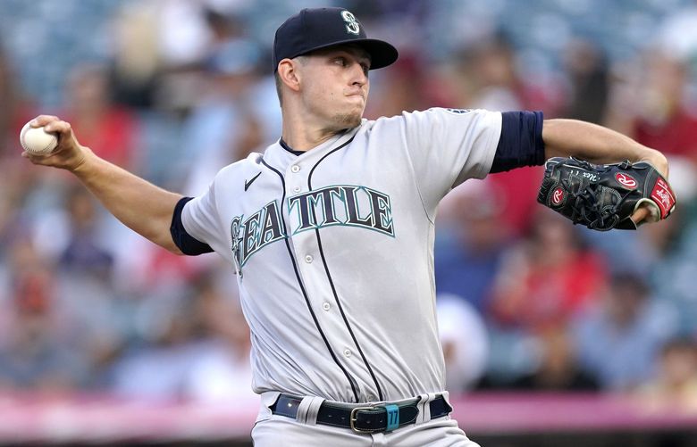 Seattle Mariners starting pitcher Chris Flexen throws to the plate during the first inning of a baseball game against the Los Angeles Angels Friday, July 16, 2021, in Anaheim, Calif. (AP Photo/Mark J. Terrill) ANS101 ANS101
