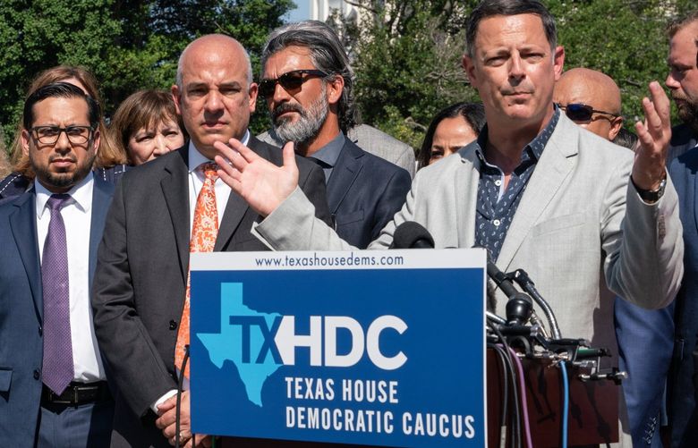 Texas state Rep. Rafael Anchia, a Democrat, addresses a news conference outside the Capitol in Washington on Tuesday, July 13, 2021, about voting rights. The Democratic legislators who fled to Washington to thwart the passage of a restrictive voting measure cannot be legally forced to return from out of state. (Sarahbeth Maney/The New York Times) XNYT176 XNYT176